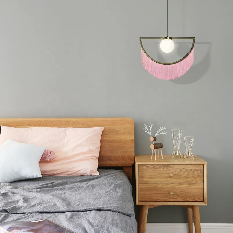 Fancy modern decorative fabric shade hanging lamp stylish dreamy pink tassel  fringe half pendant light for dining room