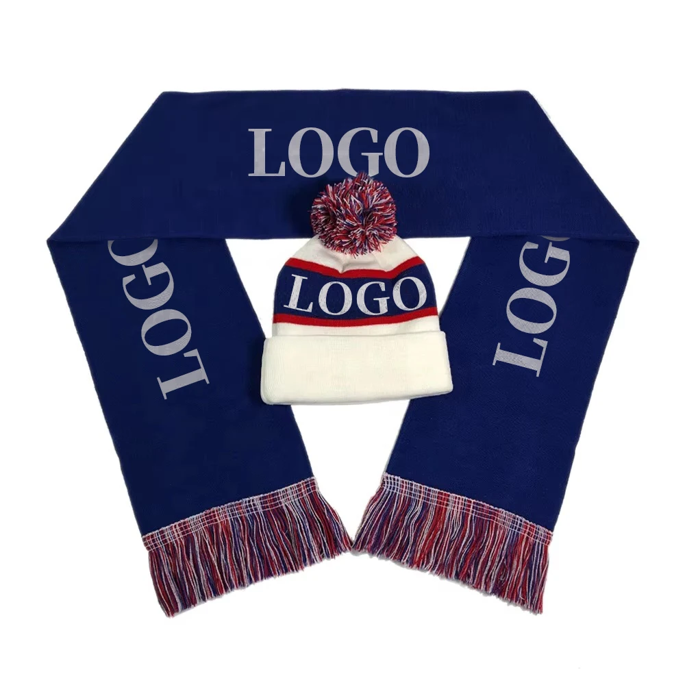 OEM Design Knitted Acrylic Jacquard Logo Own Brand Sport Football Fans Warmly Winter Warm Scarf And Pom Pom Beanie Hat set