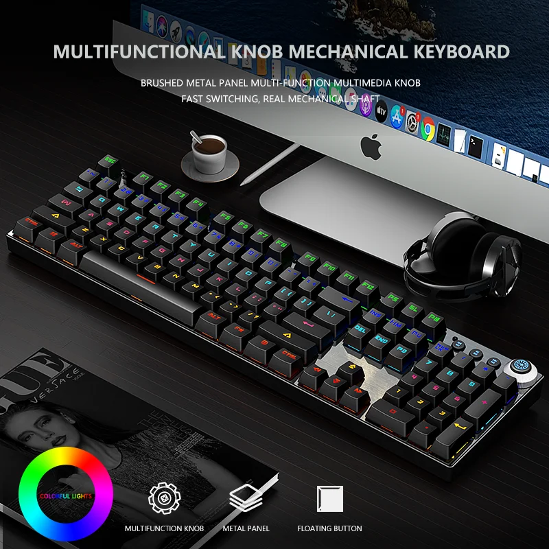 104 keys Multi-functionl Knob Mechanical Keyboard Brushed metal panel fast switching,real mechanical shaft keyboard