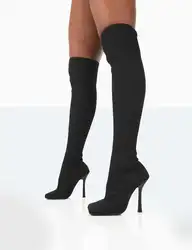 Plus Size Square toe pull on stretch Knit Stiletto Thigh Heels Long Over knee Boots for women lady