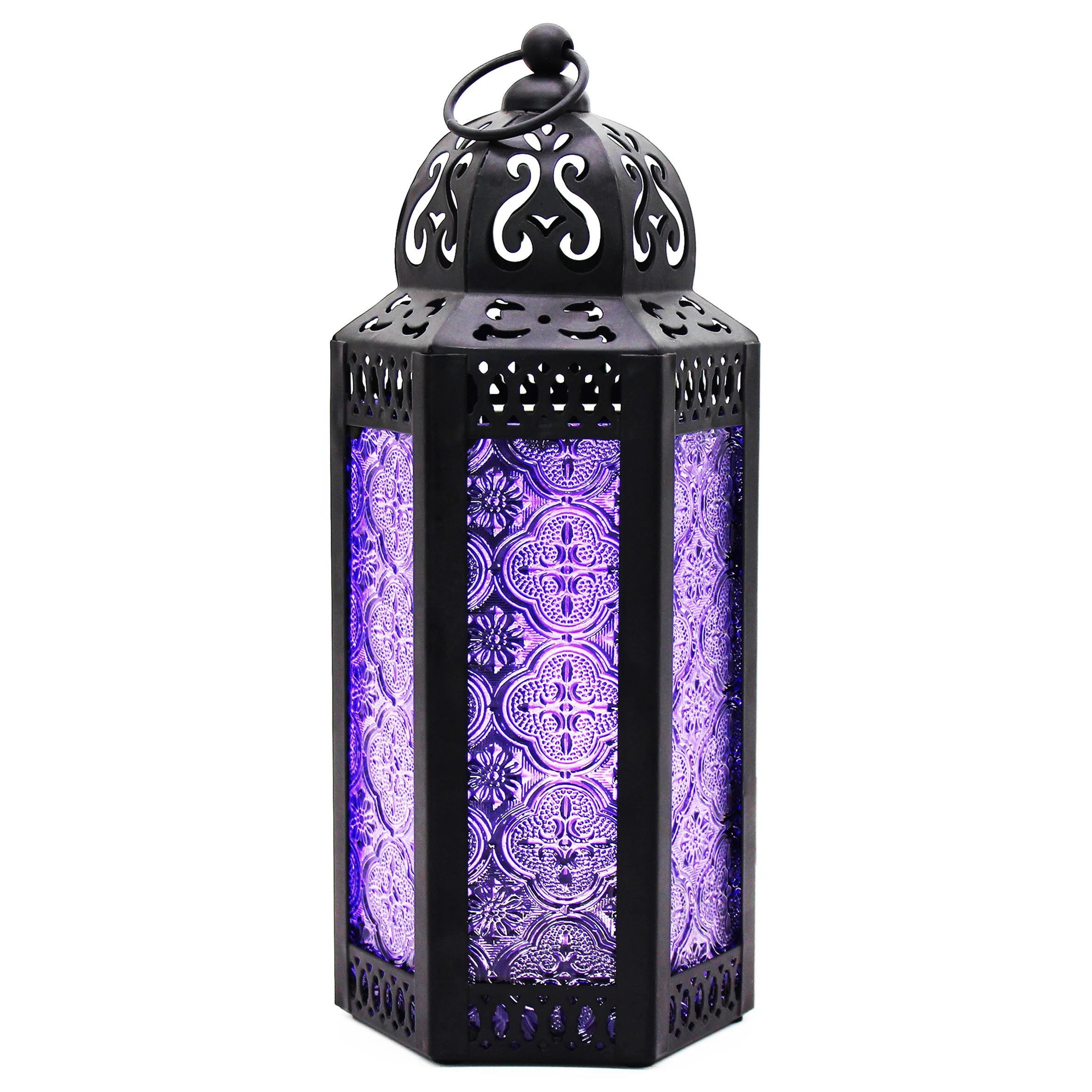 CVHOMEDECO. Decorative Candle Lantern Moroccan Lanterns Vintage Black Metal Lantern Holder for Home Outdoor Decor. Purple Glass
