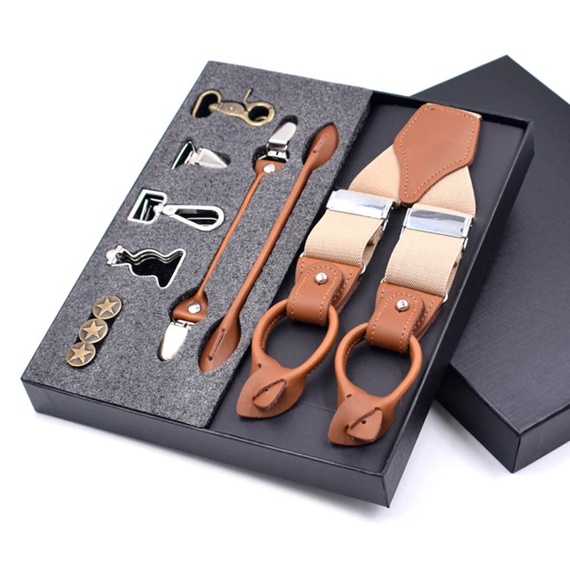 
Latest 1set 3.5X120cm Business Men Suspenders Luxury Multi-set Suit 3/6 Clips Suspenders DIY Genuine Leather Suspender For Gift 