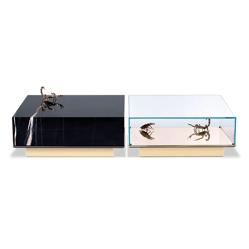 Modern Luxury Modular Coffee Table Set Unique Mirror Glass Box with Noble Marble Metal Center Table