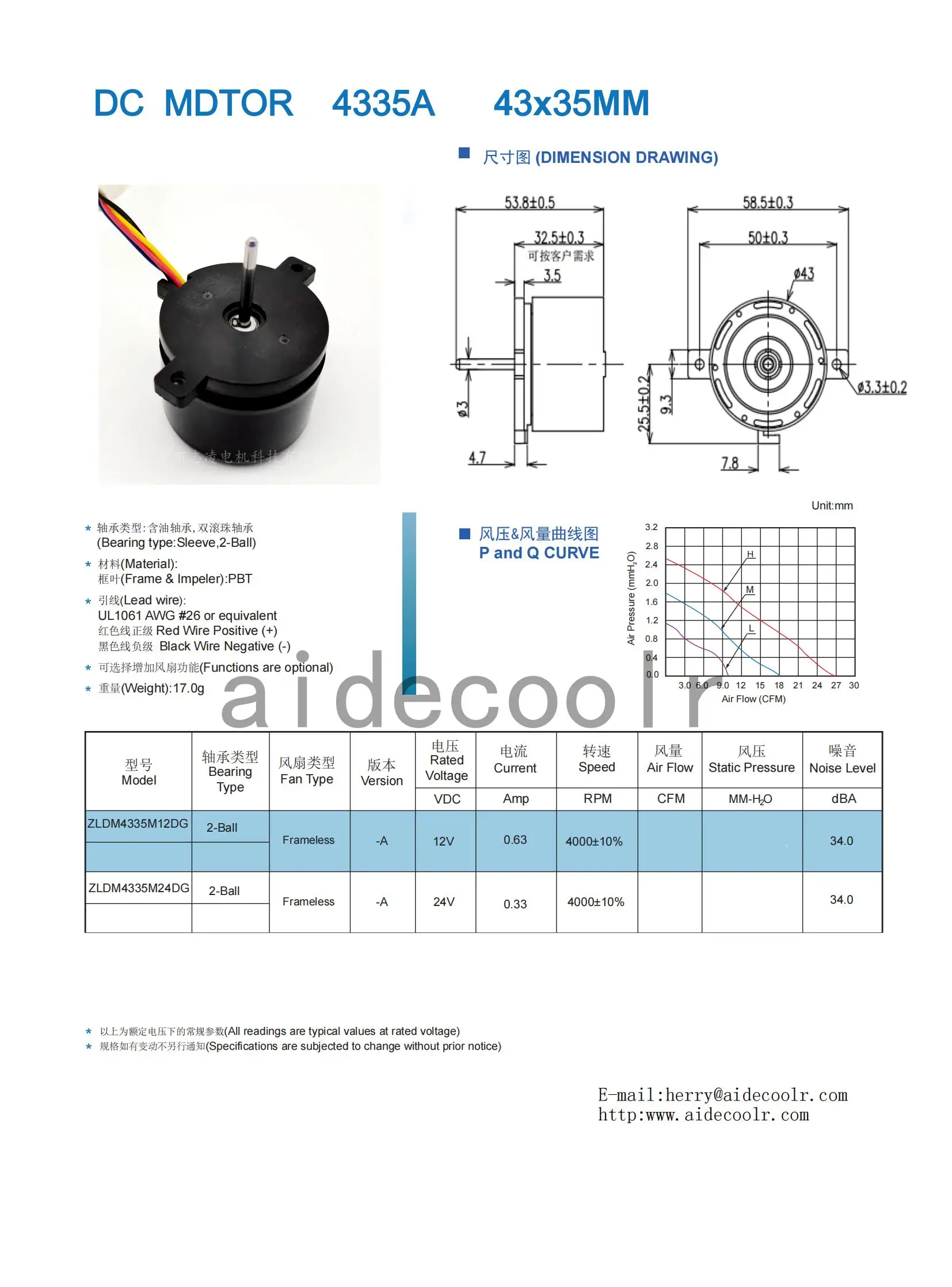 Aidecoolr 4335 3000/rpm 12 v 24v cross flow fan DC motor  for heating fan bldc micro coustomization motor DC brushless motor