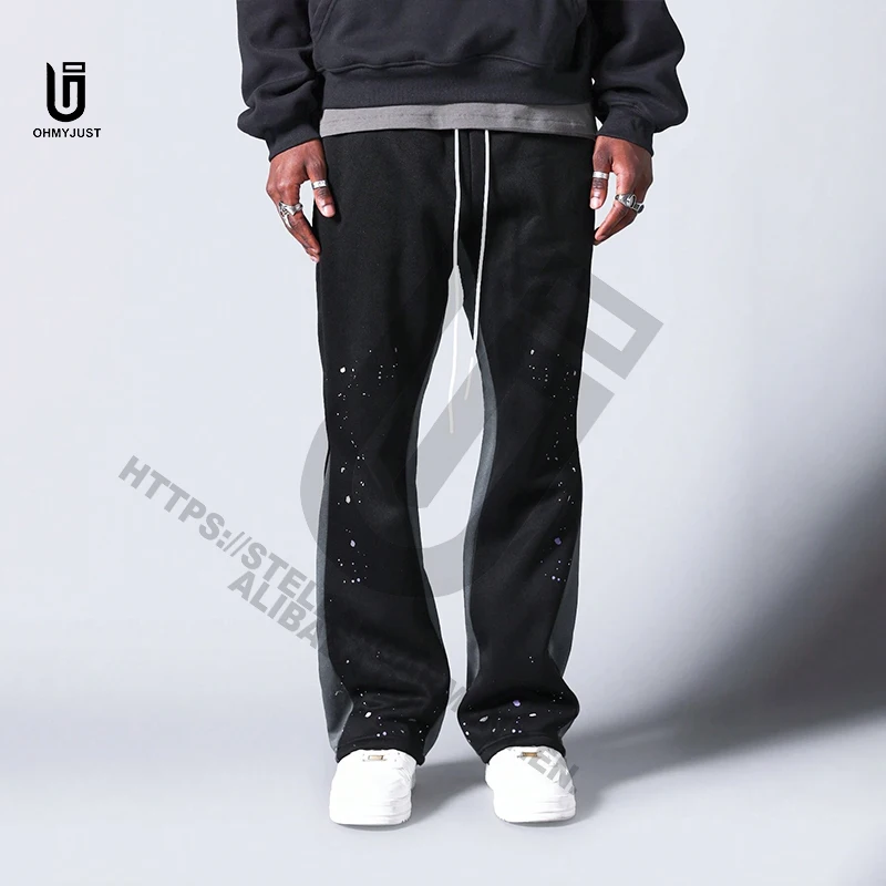 Wholesale High Quality 100% Cotton Flared sweatpants With Paint Print Colorblock Mens Stacked Sweat Pants