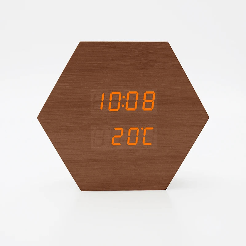 
H6004 Factory Sale Hexagonal Wood Digital Led table Alarm Clock LED wooden clock LED light 
