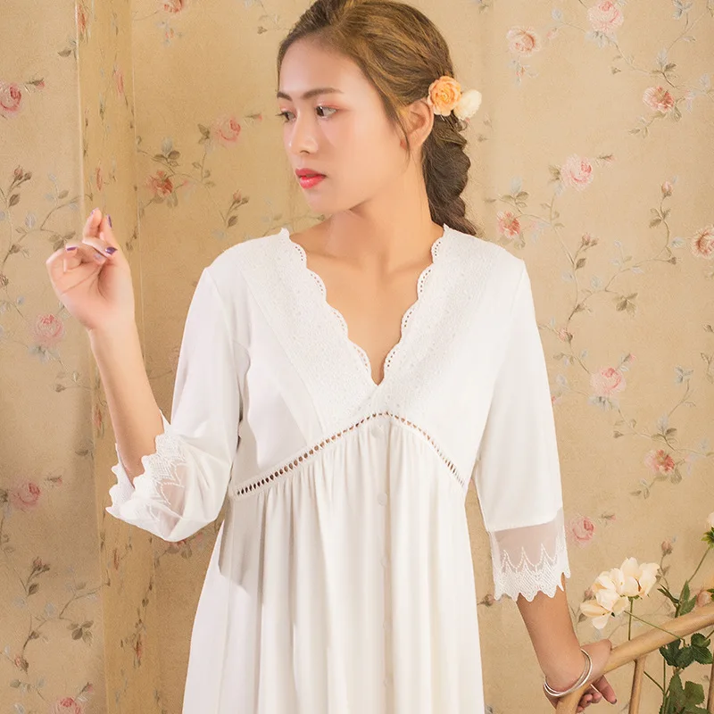 Wholesale Women Spring and Autumn Short Sleeve Casual Sweet Pajamas Vintage Lace Victorian Style Cotton Nightgown