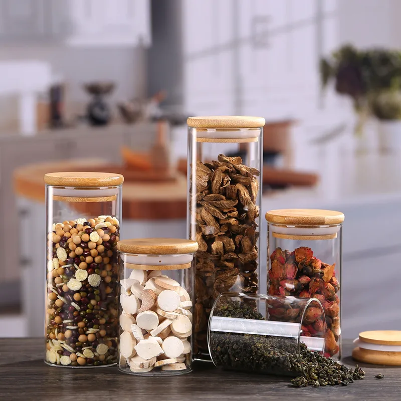 Borosilicate glass storage jar with bamboo lid for tube shaped glass storage jar for glass spice jar with wooden lid