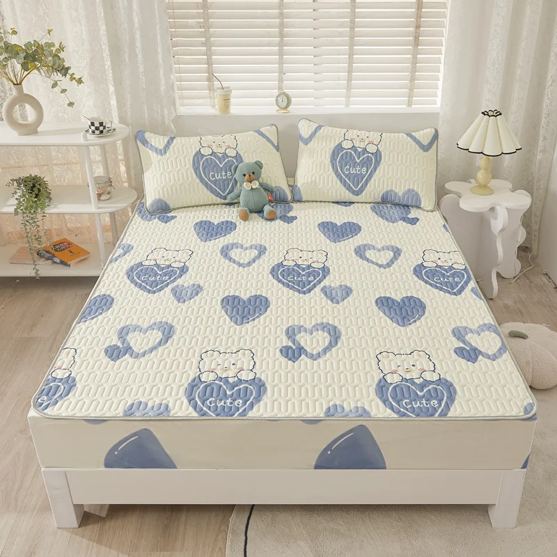 High Quality Anti-pilling Waterproof Ice Silk Fabric Latex Mattress Protector Bed Fitted Sheet Set for Summer Bedroom Use
