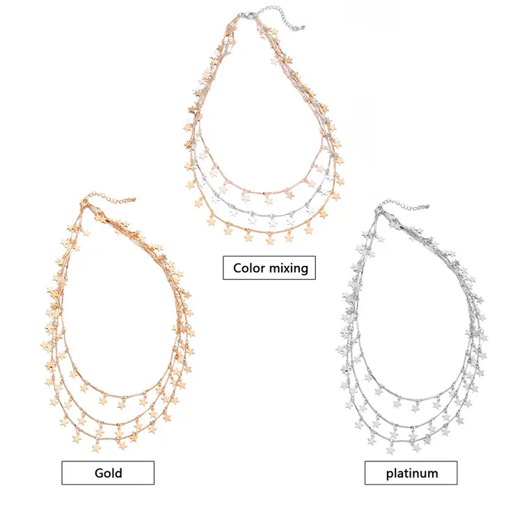 Fashion Gold Silver Stars Multilayer Necklaces For Women Clavicle Chain Five-Pointed Boho Style Necklaces Party Mom Gift