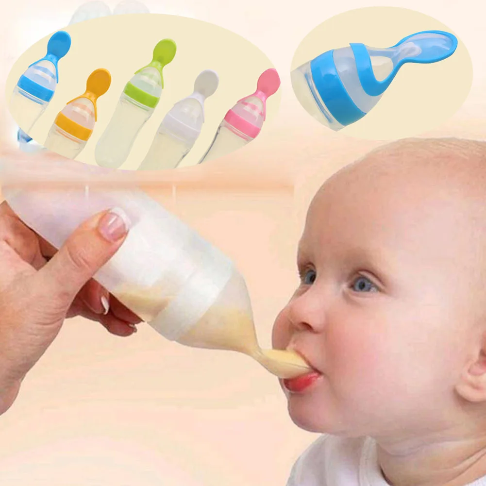 
90ML Lovely Safety Infant Baby Silicone Feeding With Spoon Feeder Food Rice Cereal Bottle For Best Gift 