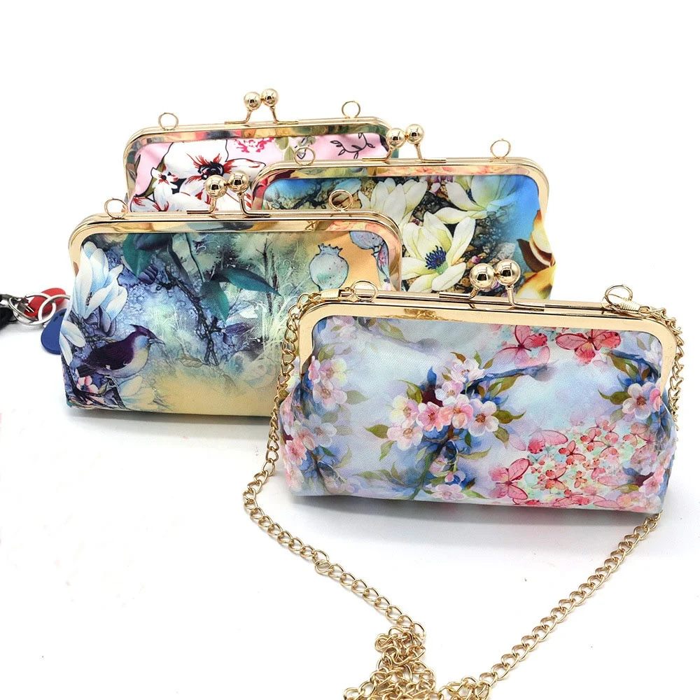 Flower printed ladies side sling shoulder bag chain clutch evening bag