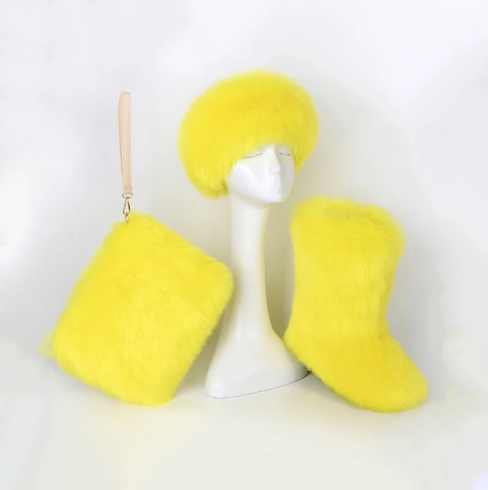 
2020 Hot Selling Winter Women Yellow Fur Boots And Purse Sets Handbag Woman Matching Purse And Boots Sets 