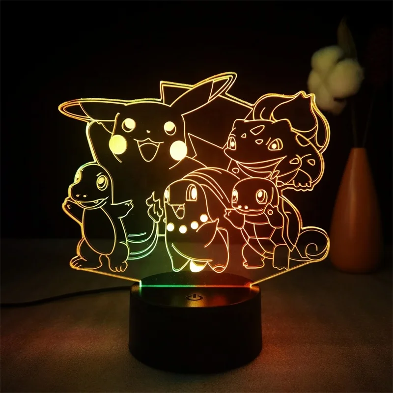 Luminous Acrylic 3D Night Lamp Colorful Changing ABS Base Anime Night Light Decoration Pikachu Lamp LED Base Cartoon Kids Gift