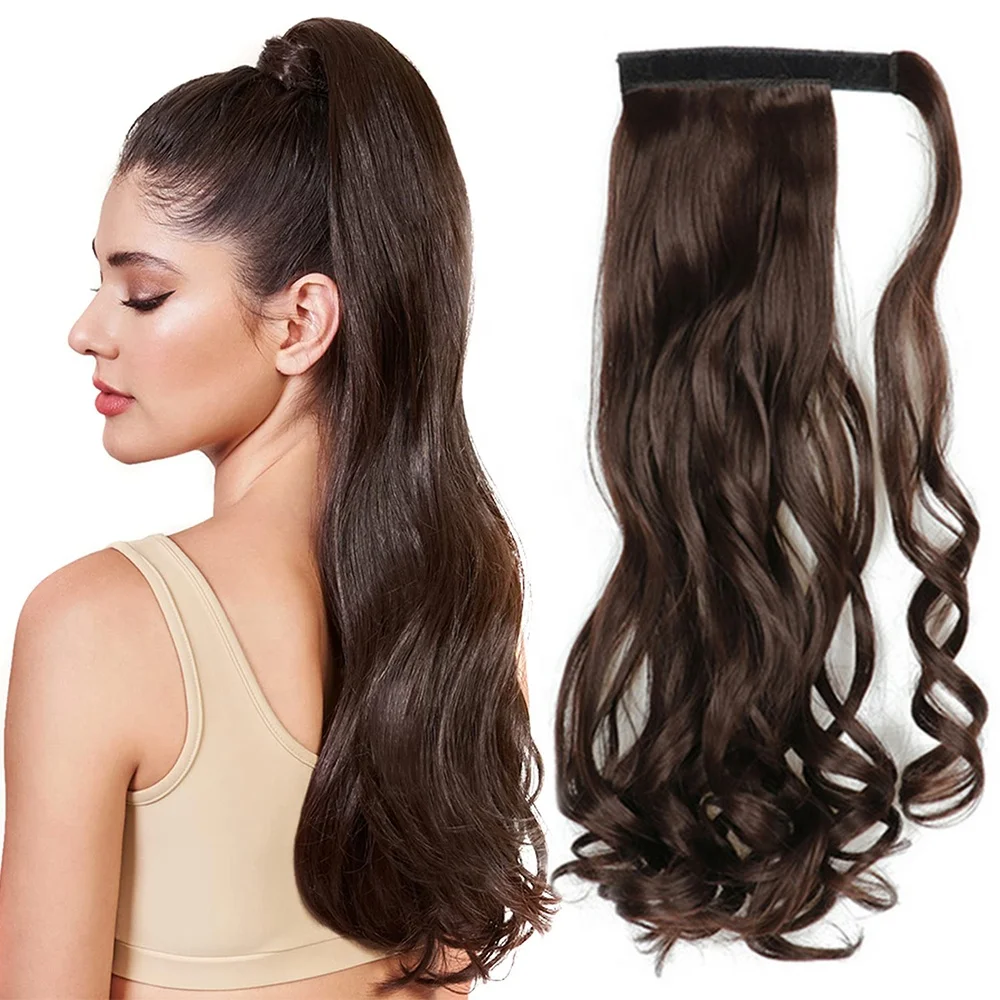 Clip in Ponytail Extension Wrap Around Long Curly Wavy Hair Extension 22 Inch Dark Brown Color Synthetic Hairpiece