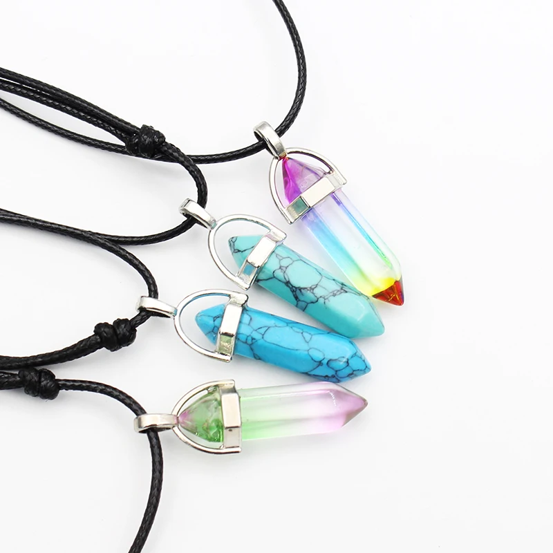Fashion Hexagonal Column Bullet Pendants Jewelry Necklace Crystal Quartz Healing Point Chakra Stone Long Charms Chains