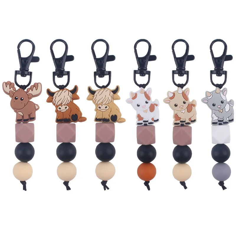 6 Colors Cartoon Highland Cow Rubber Bead Keychains DIY Creative Animal Cow Silicone Key chains for Bags Gifts