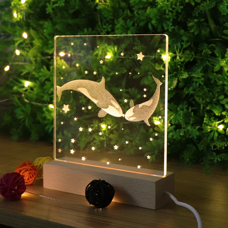 New Design For Child Acrylic Carved Inside 3D Wooden Night Light LED Base With USB Charge Mood Lamp