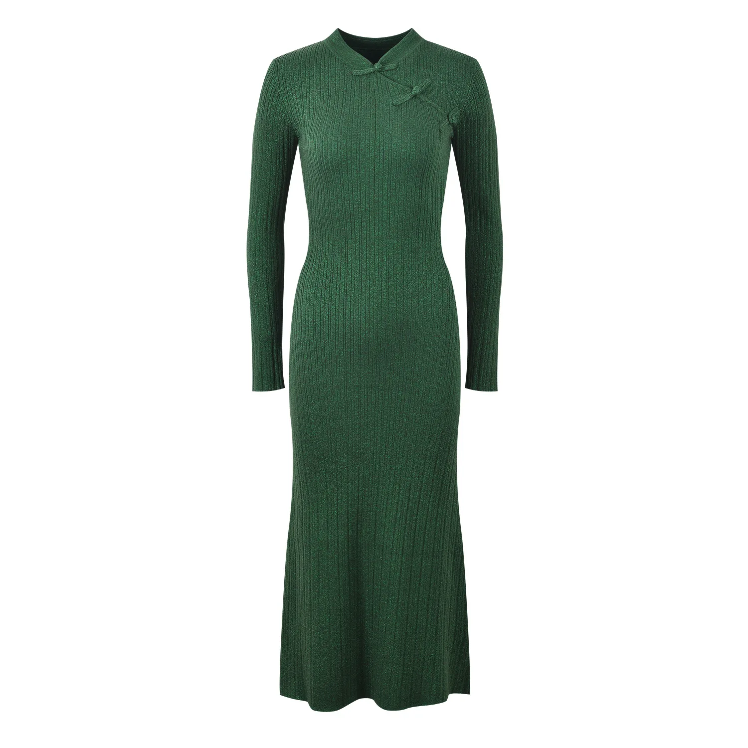 Lady Vintage Chinese Style Cheongsam Fall Winter O-neck Long Sleeve Slim Fitted Solid Knits Maxi Dress For Women