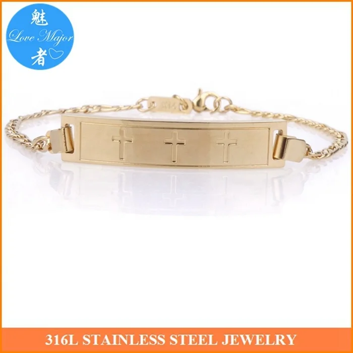 Stainless Steel Engravable Cross Identification Bracelet with Plate gold color