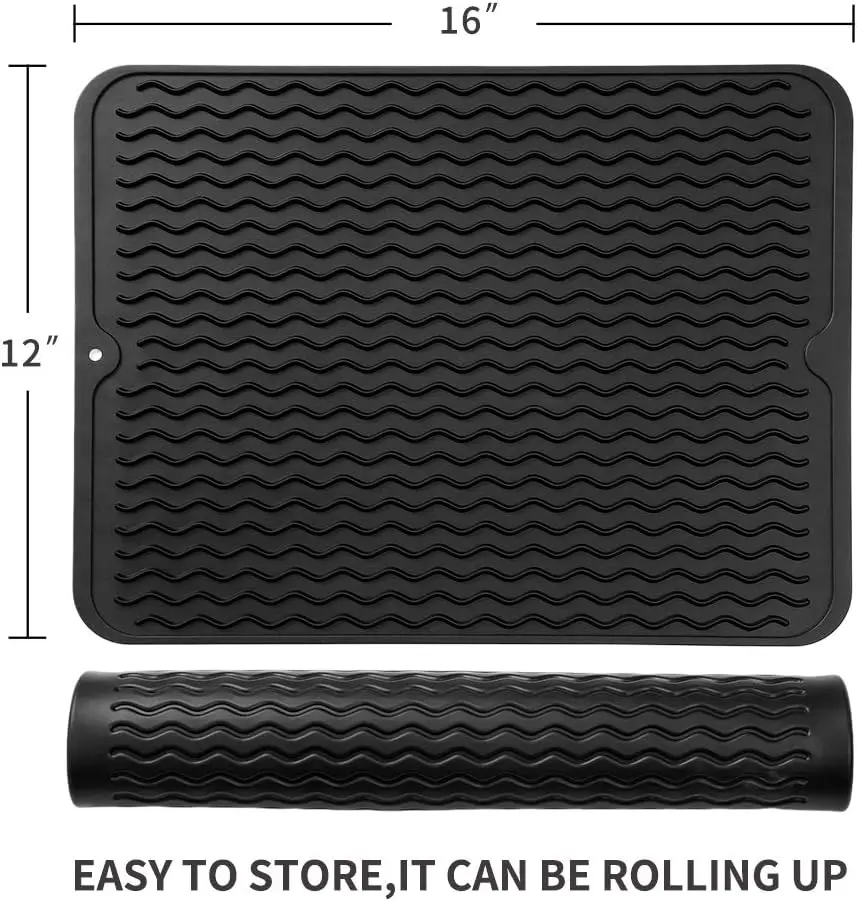 Large size Dish Silicone Draining Mat for Kitchen Counter, Dishwasher Flume Folding Silicone Drying Mat retangular raised grain