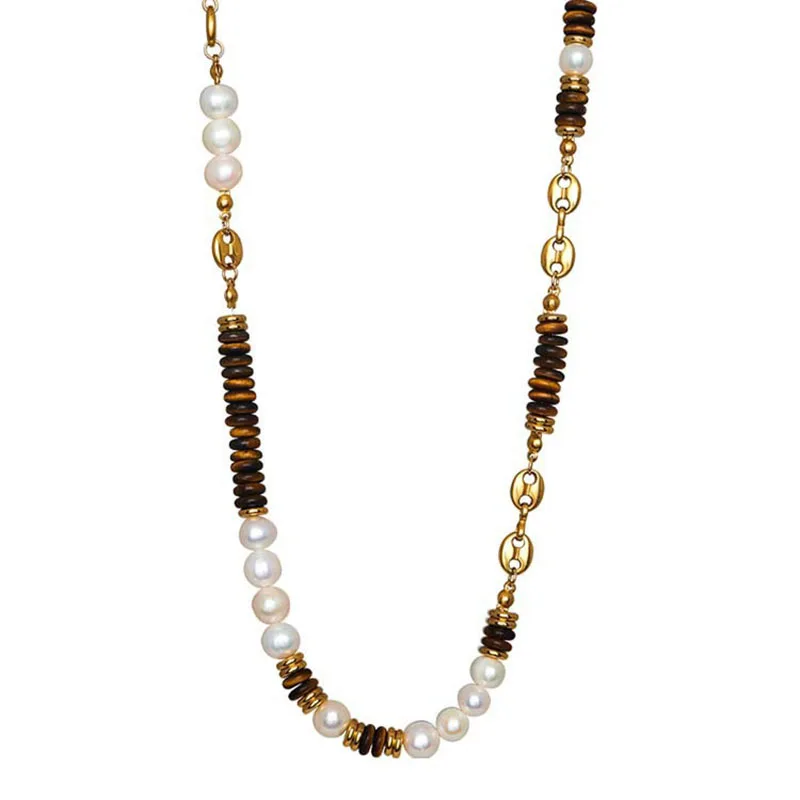 High Quality Freshwater Pearl Necklace for Unisex Gold-Plated Brass with Natural Tiger Eye Stone Abacus Beads Pig Nostril Design