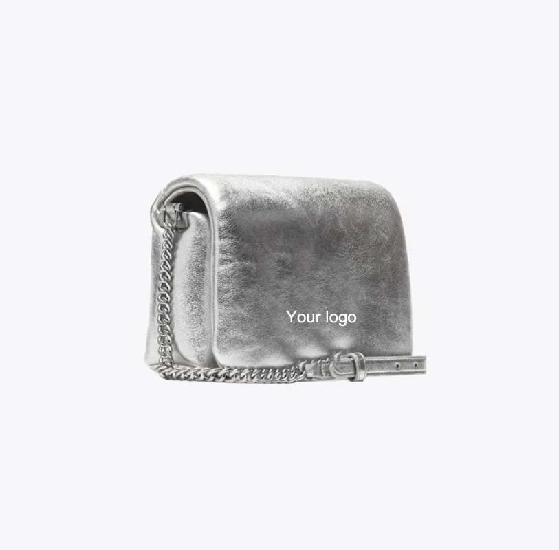 ODM branded Soft Nappa Leather hand bag purse High quality Pink Metallic silver Puff Italian leather Girls Crossbody bag