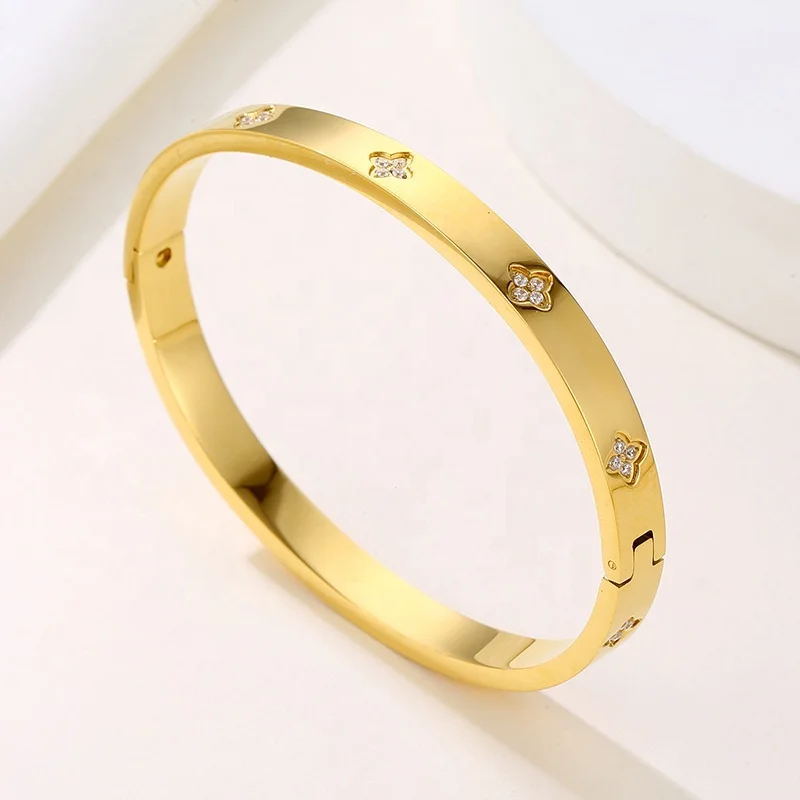 18K Gold Rose Plated Stainless Steel Fashion Waterproof Jewelry Open Cuff Diamond Evil Eye 4 Four Leaf Clover Bangle Bracelet