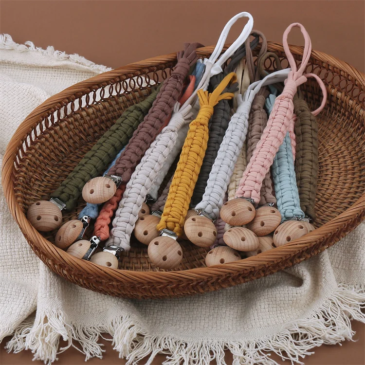 Braided Pacifier Clips Handmade Weave Macrame Wood 100% Cotton Fabric Yarn Baby Glass Bamboo and Silicone Glass Chain Holder 45g