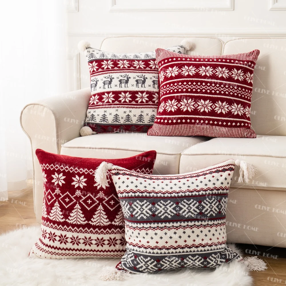 Xmas Pillowcase Decor for Couch Sofa Bedroom Car Living Room Knitted Sweater Pattern Christmas Snowflakes Cushion