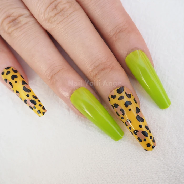 Neon Green Leopard Long Coffin Press On Nails 24 Pc Nail Set - Ready To Ship - Gift For Her