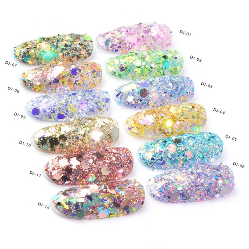 Wholesale Nail art supplies 12 color crystal clear acrylic powder Mixed size 1g bottled discoloration glitter acrylic powder