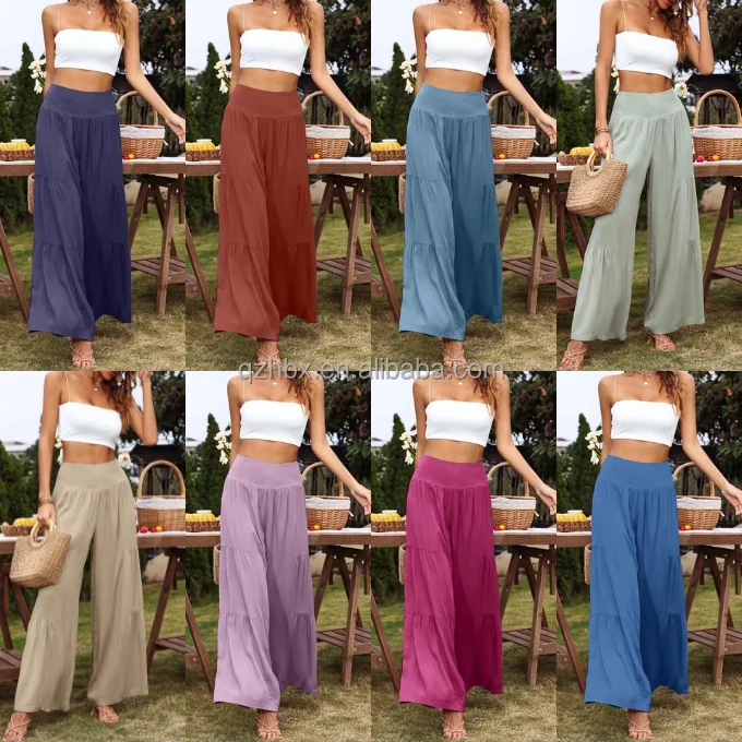 Elegant Fashion Linen Trousers 14 Colors High Waist Easy Home Walk Lounge Beach Vacation Layered Frill Loose Flare Pants