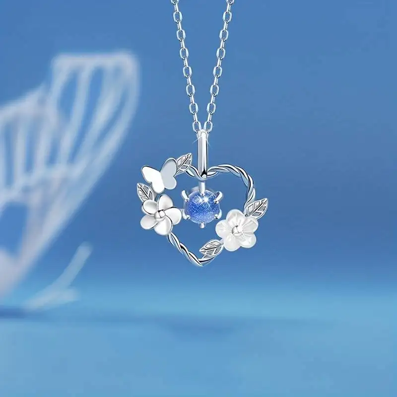 Fashion Moonstone Heart Pendant Necklace Flower Butterfly Moon Stone Blue Coral Necklace Shell Flower Heart Charm Necklaces