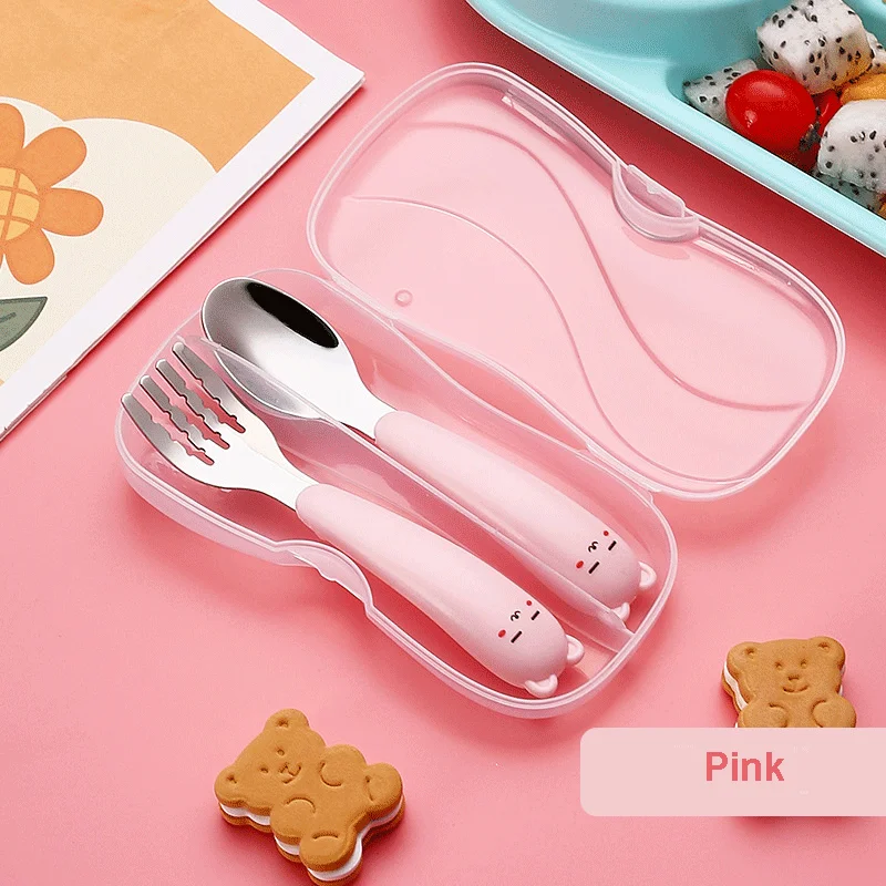 High Quality Toddlers Utensils Cute Cartoon Handle Stainless Steel 304 Safe Baby Spoon and Fork with Case Kids Cutlery Set