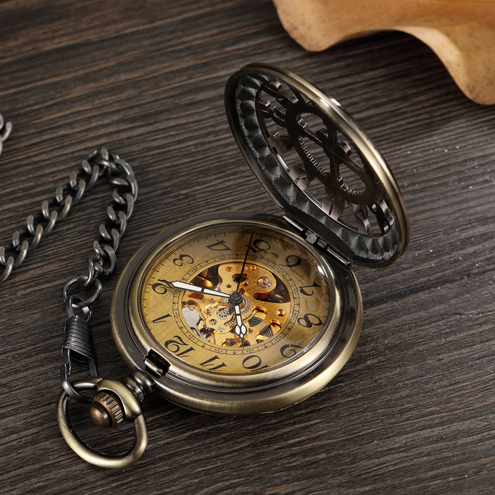 Vintage Bronze Hollowed Out Arabic Digital Clamshell Automatic Mechanical Pocket Watch