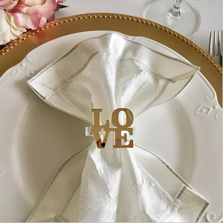 6 Pieces Luxury Gold Color Love Wedding Napkin Rings Acrylic