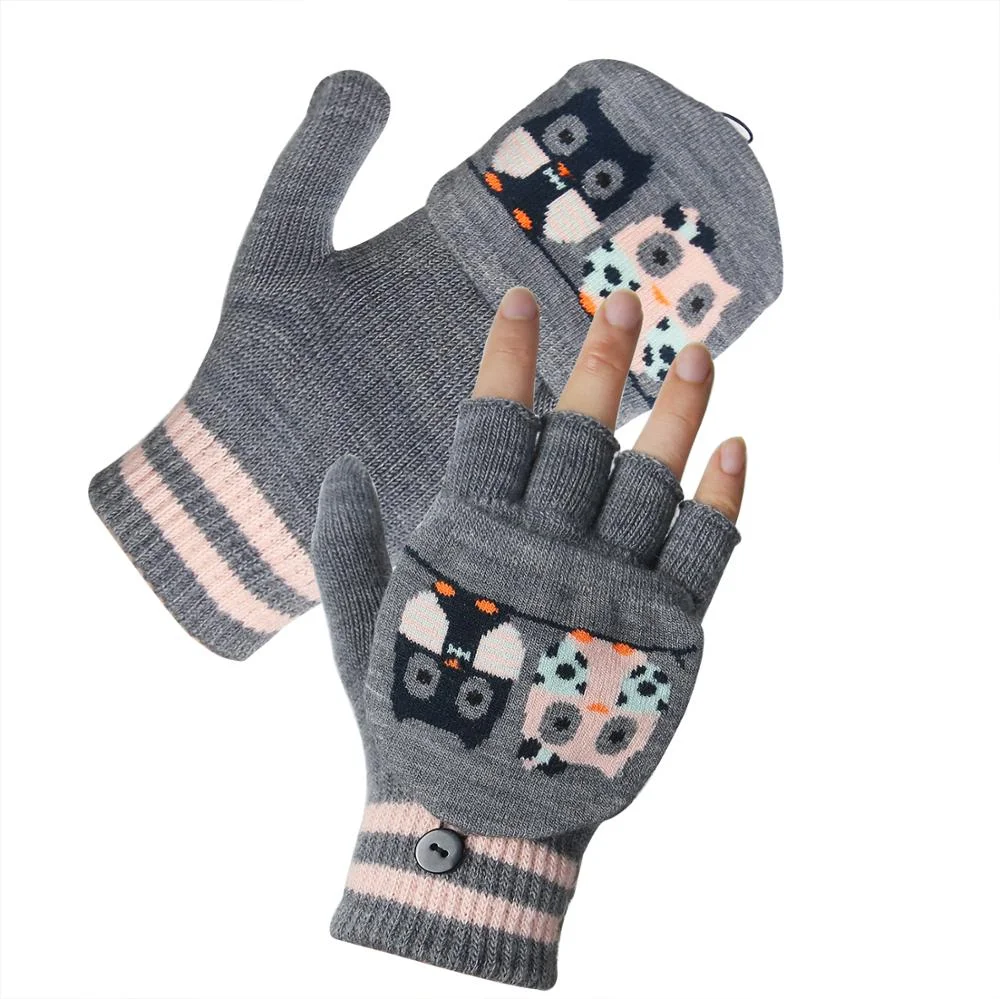 Jacquard Fingerless Knitted Animal Pattern Mittens Convertible Flip Top Cute Kids Winter Gloves with Flap Cover for Boys Girls