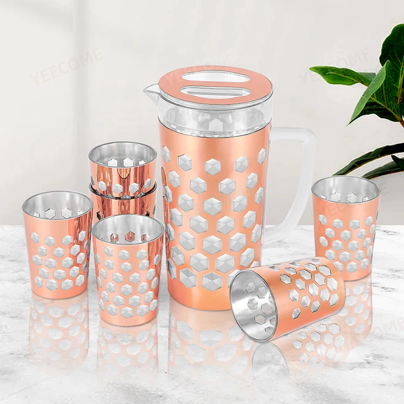 Custom Logo Food Frade Water Jug  7 Piece PS BPA FREE Tea Pot Golden Printing Water Pitcher