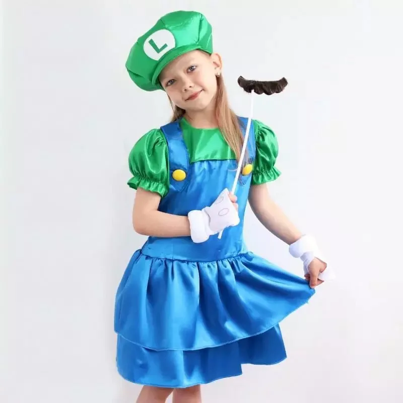Girls Anime Super Mario Luigi Cosplay Dress Kids Halloween Party Performance Costumes