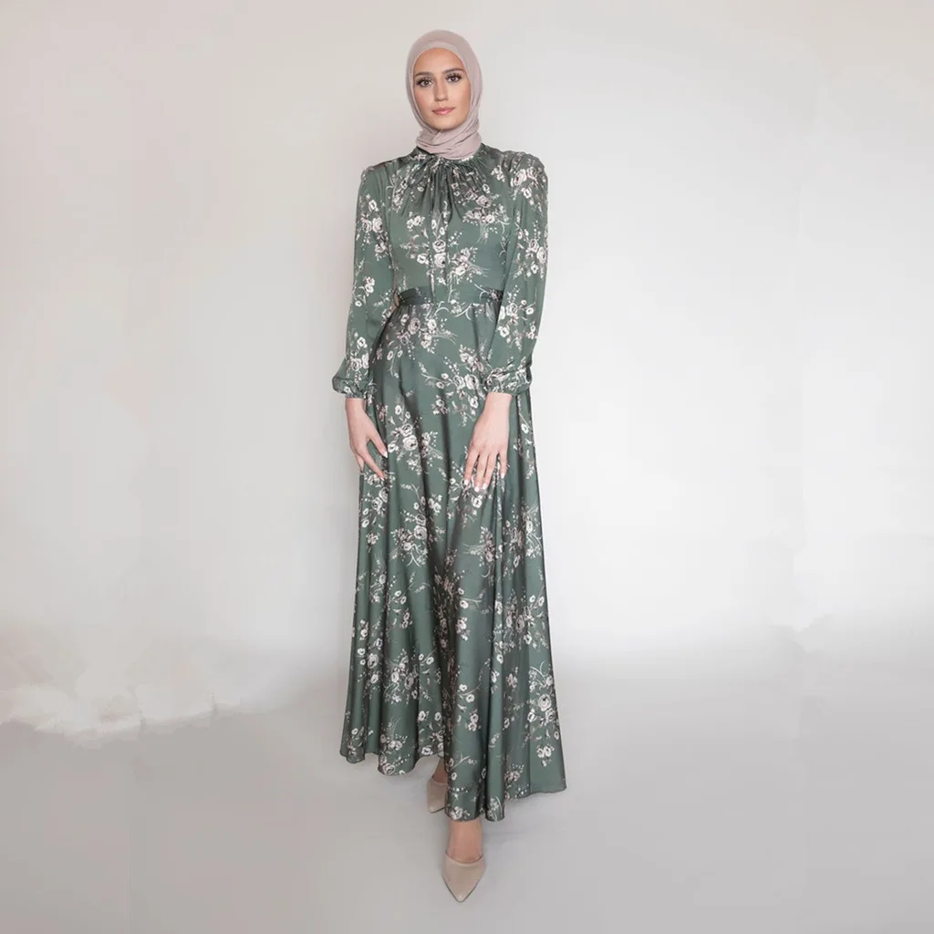 Crew neck turkish long dress muslim islamic clothing  floral print long sleeve maxi muslim women dress