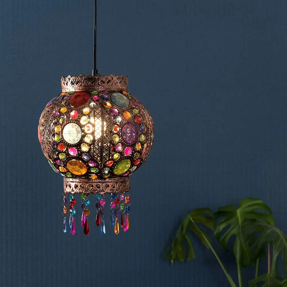 Moroccan Bazaar Style Bronze Chandelier Ceiling Light Pendant Shade with Beautiful Multi-Coloured Acrylic Jewel Droplets