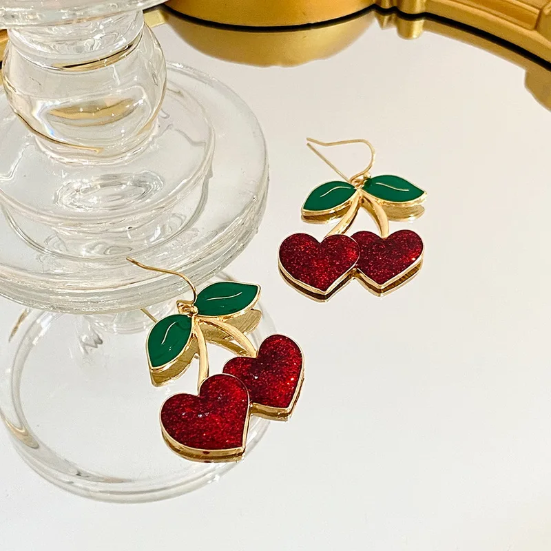 Rinhoo Korean Sweet Red Cherry Earrings Girl Women Summer Cute Alloy Fruit Enamel Fresh Pendant Ear Jewelry Cute Party Earring