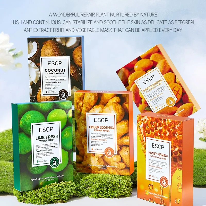 ESCP Private Label Hydrating Moisturizing Anti-Wrinkle Face Mask Ginger Lime Mango Coconut Honey Soothing Repair Sheet