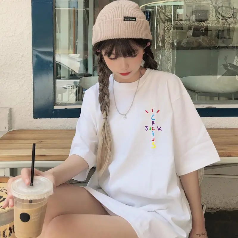 Rapper Cactus Jack Rainbow Alphabet Print T-shirt Hip Hop Quality Cotton Short Sleeves Men Wome Oversized Tops