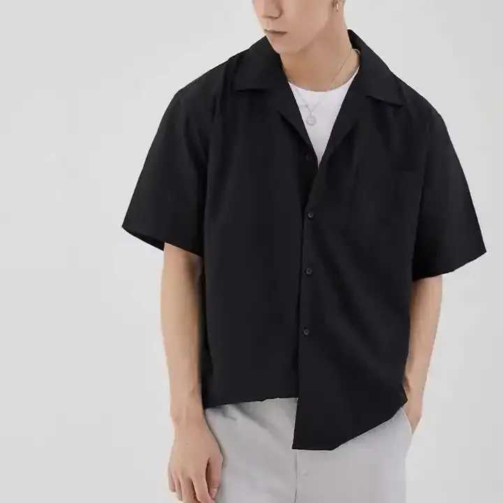 High quality short sleeve boxy cropped t shirt blank oversize cotton twill button up shirt mens