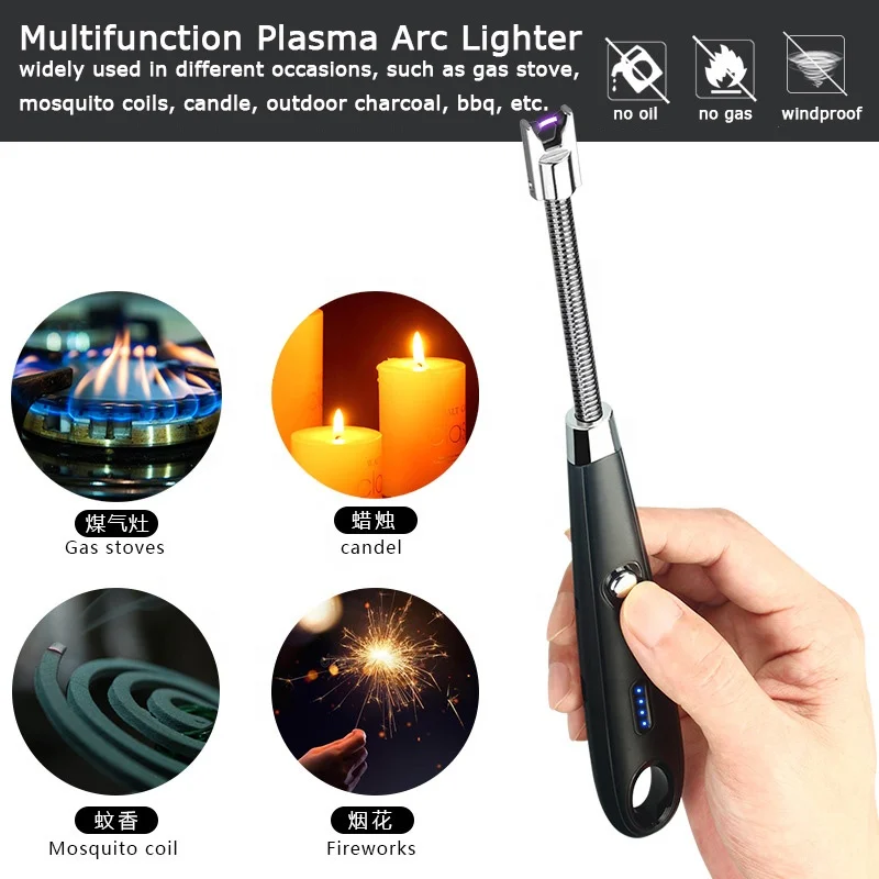 Wholesale Flexible Neck USB Rechargeable Electric Lighter Plasma Arc Kitchen Gas Stove Candle Lighters With Hanging Hook