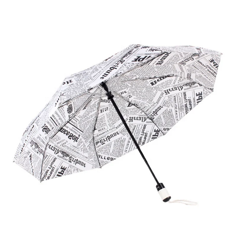 Cheap Price Fashion Customized Gift Newspaper Print 3 Folding Auto Opening Umbrella with PU Leather Handle
