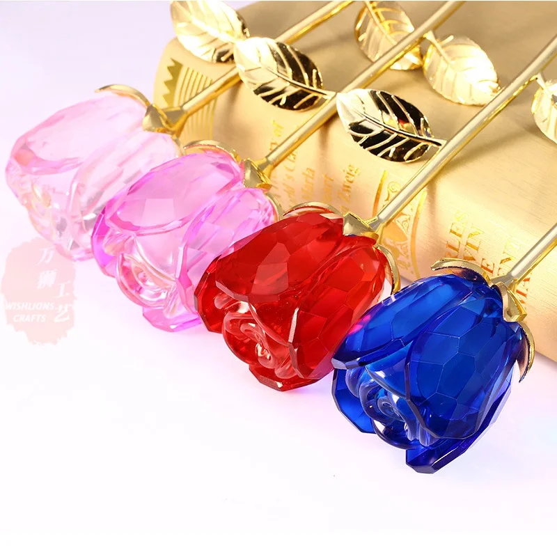 Factory Price Gold Crystal Glass Rose Pink Elegant Crystal Rose Gifts Color Glass Flower Decoration For Living Room CWG-99H300