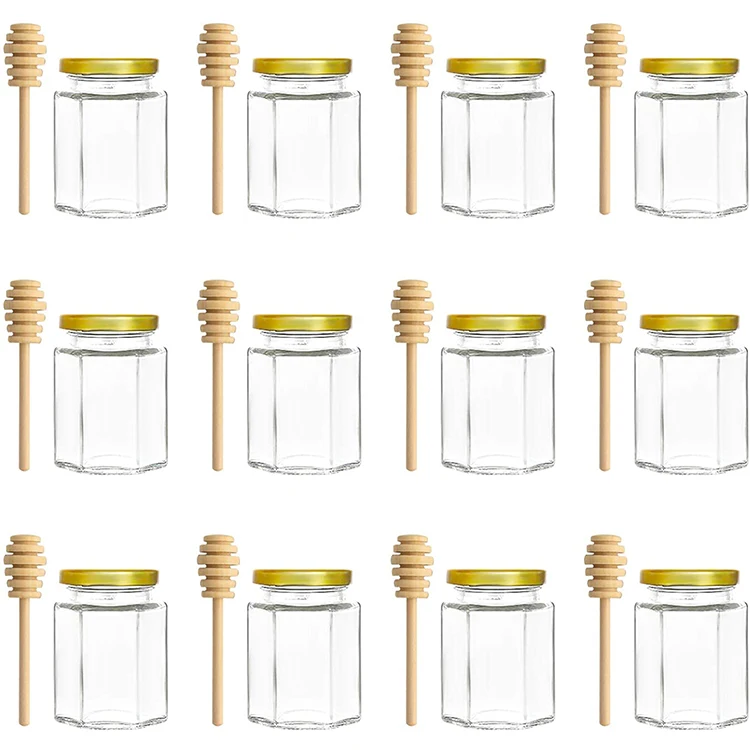 Wholesale hexagonal 6oz 180ml 280ml 380ml 16oz 500ml glass honey jar with dipper